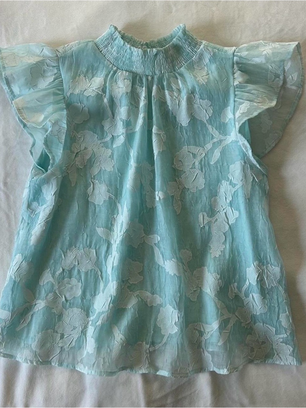 Helloday Light Blue Floral Smocked Neck Flutter Sleeve Top
